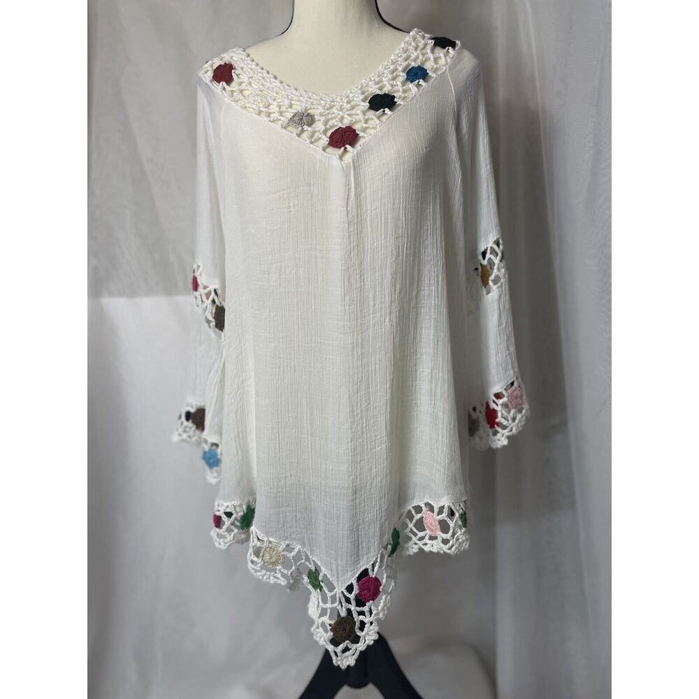 Ana & Rose Women's Large Poncho Top Crochet Floral Boho Peasant Hippie Gauzy